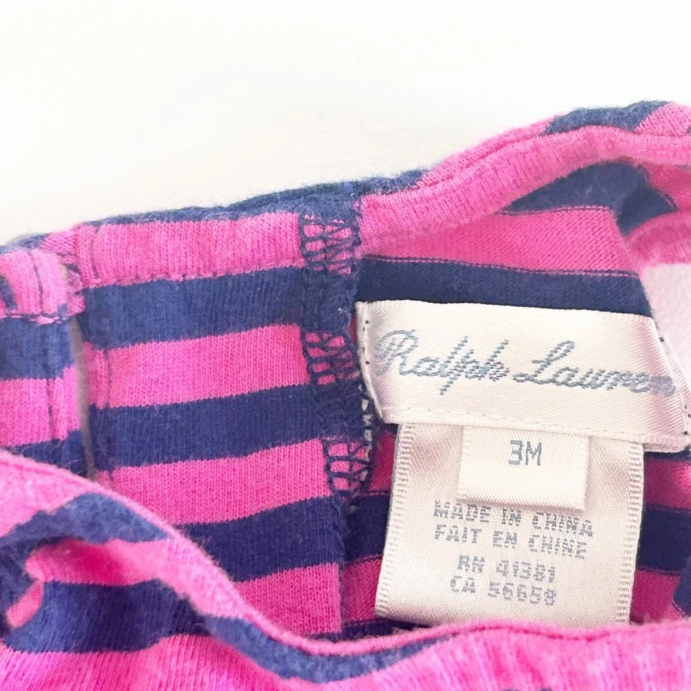 Ralph‎ Lauren Baby Girls Pink Navy Striped Preppy Nautical Ruffle Dress Size 3M